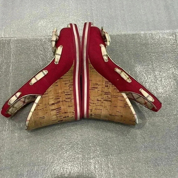 [8B]Coach Twirlino Twirling Open Toe Cork Wedges Bow  Detail Pink Plaid - Picture 7 of 10